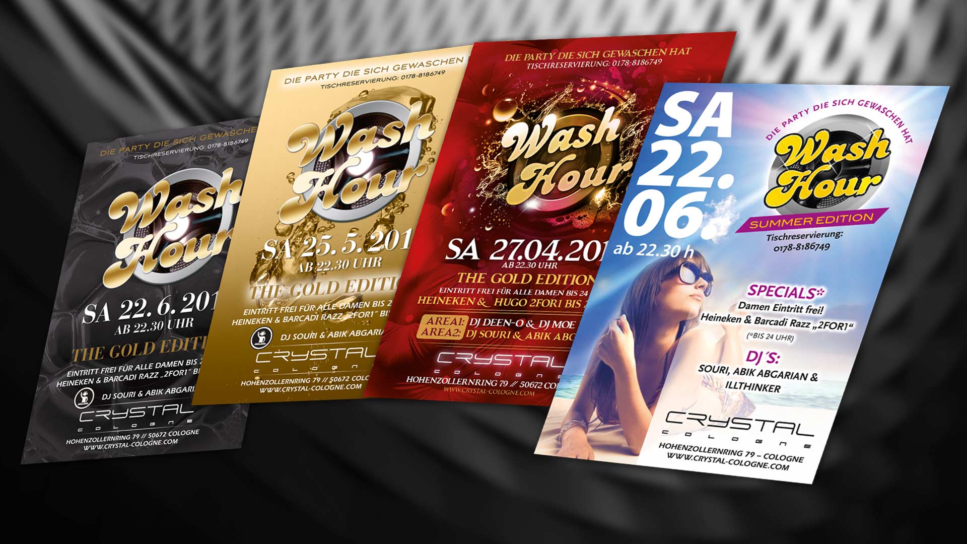 Bildgalerie Portfolio mit Printdesign Layouts Party Promotion Wash Hour